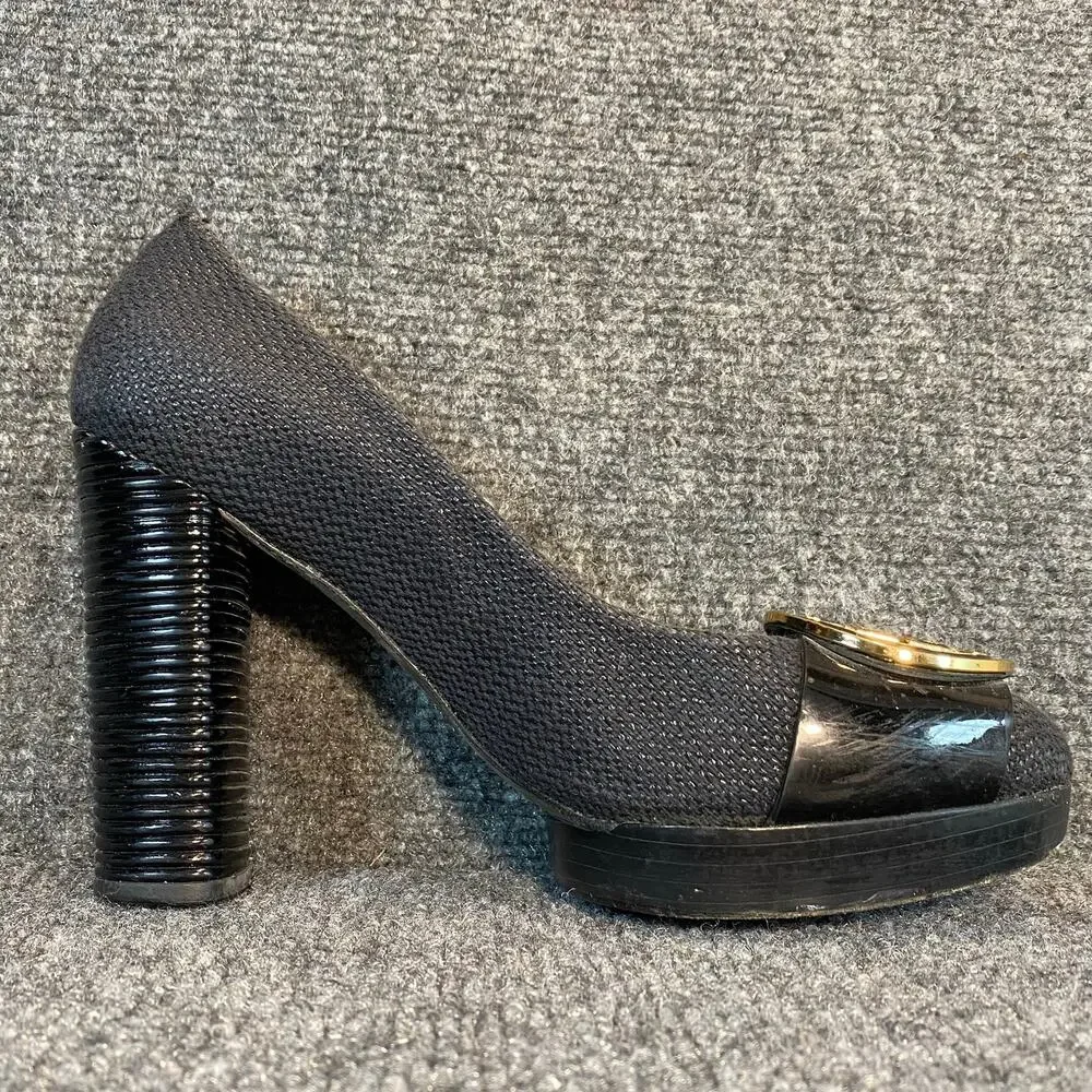 Tory Burch Black Tweed Block High Heel Pumps Gold Logo Hardware Womens 8